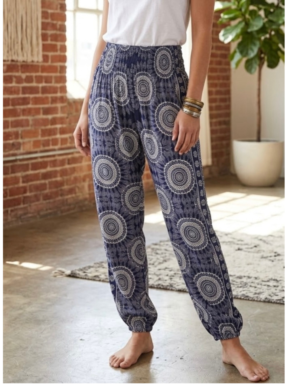 Lotus and Luna Smocked Waist Harem Pants L/XL Navy Blue Mandala Boho Yoga